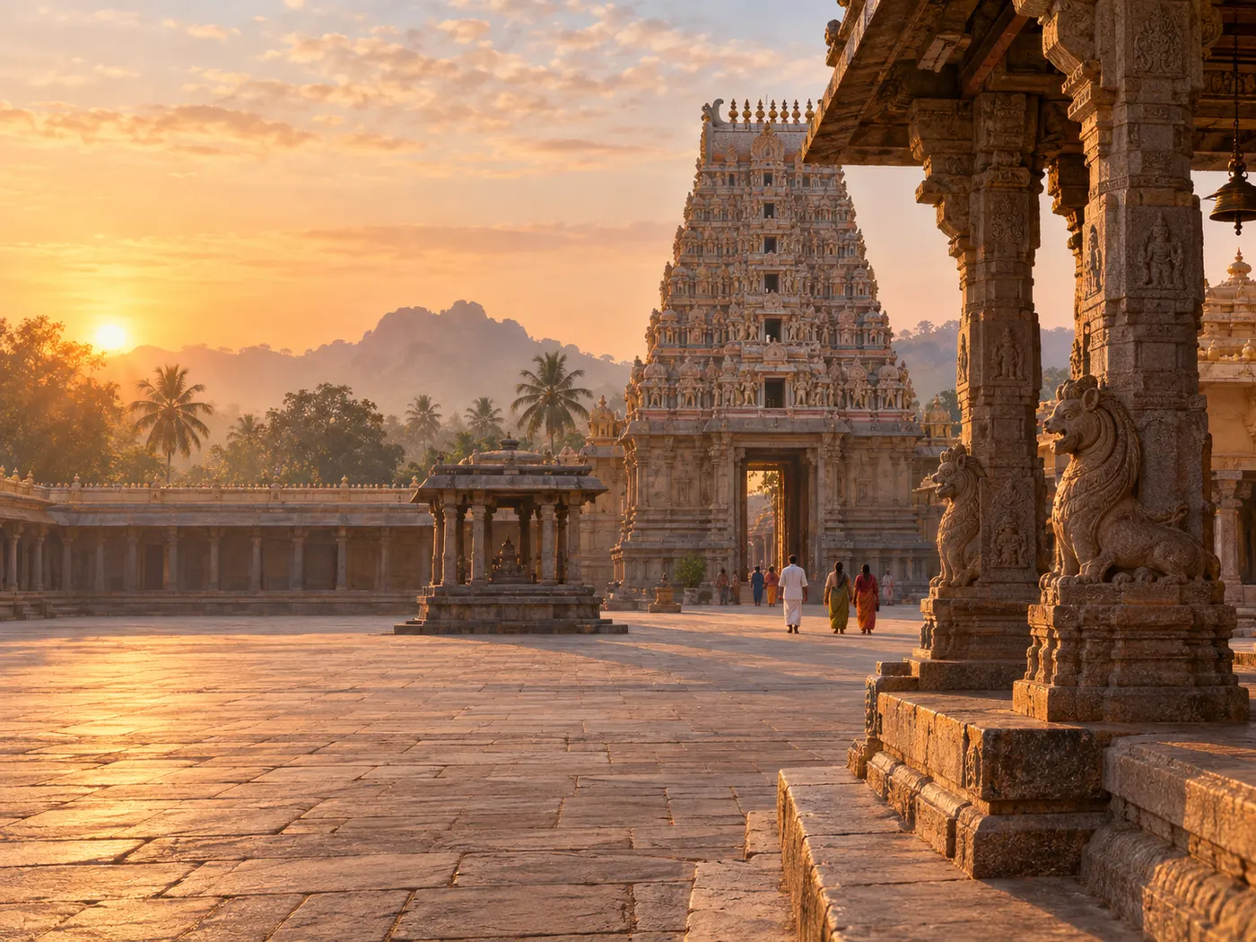 Illustration of a temple courtyard at sunrise, not a photograph of a specific temple